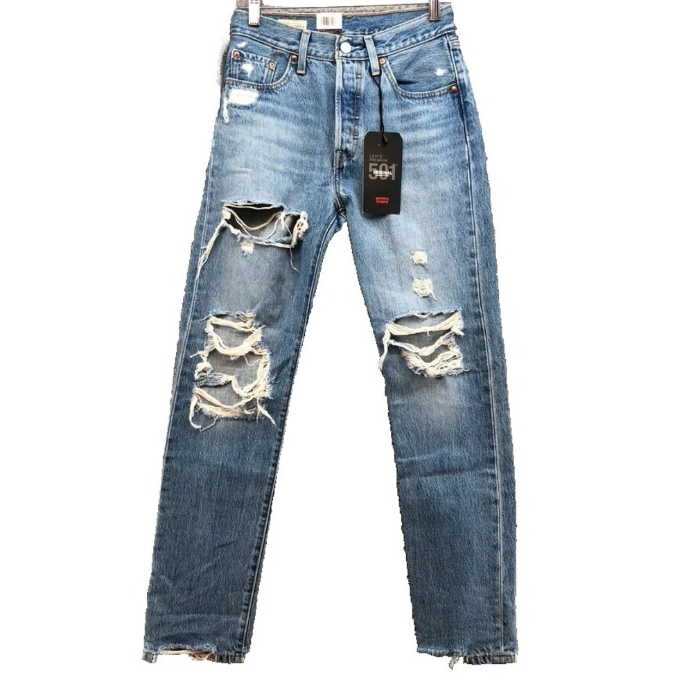 Levis Premium 501 Straight Jeans Womens 25 0 Light Blue Denim Distressed
